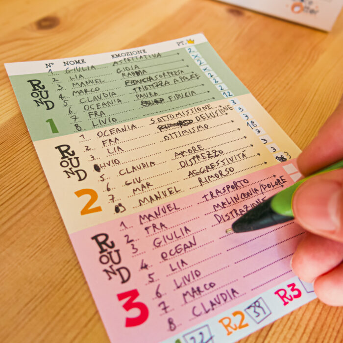 Foto dettagliata sul blocco prendi appunti, per il gioco da tavolo sulle emozioni ''Emozionarium''